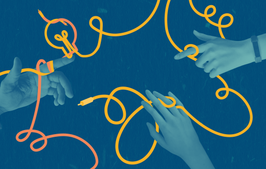 hands connected with thread forming a light bulb