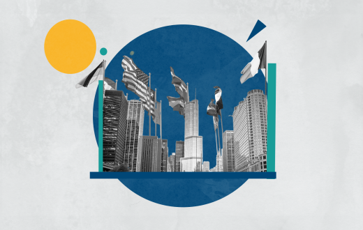 a dark blue circle in the middle, in it are some skyscrapers on it and multiple flags. A yellow smaller circle on the left 